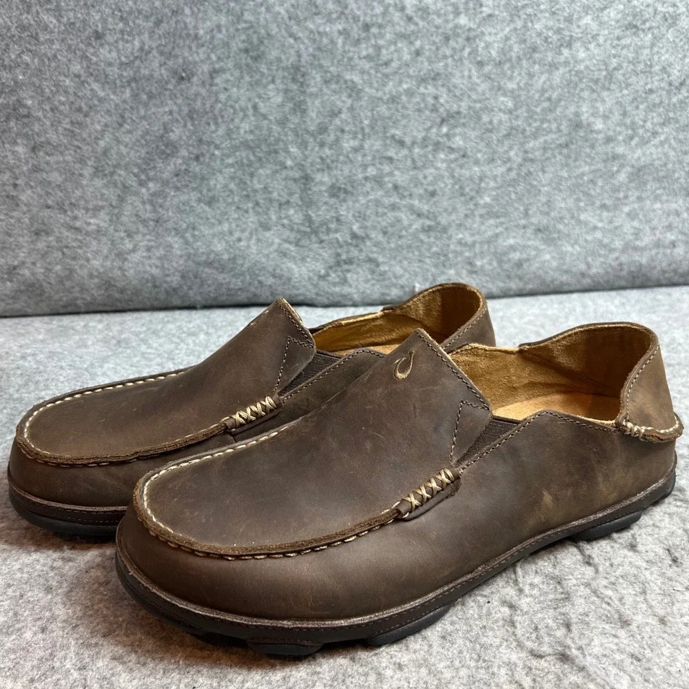 Olukai Moloa Mens Leather Slip On Shoes Dark Wood Brown Drop-In Heel Loafers 9.5